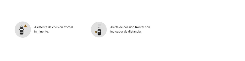 Íconos de alerta de punto ciego, asistente de colisión frontal inminente y alerta de colisión frontal con indicador de distancia
